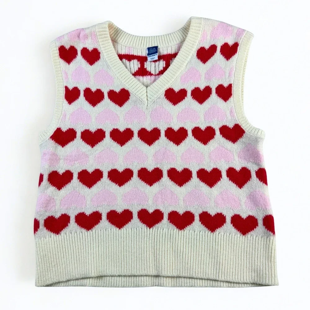 Old Navy Heart Sweater Vest Girls XXL 18 Pink Red White V-Neck Knit Coquette‎